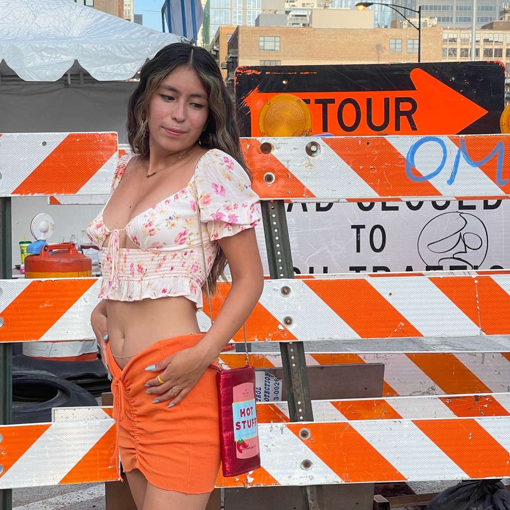Floral Puff Sleeve Crop Top and Orange Skirt